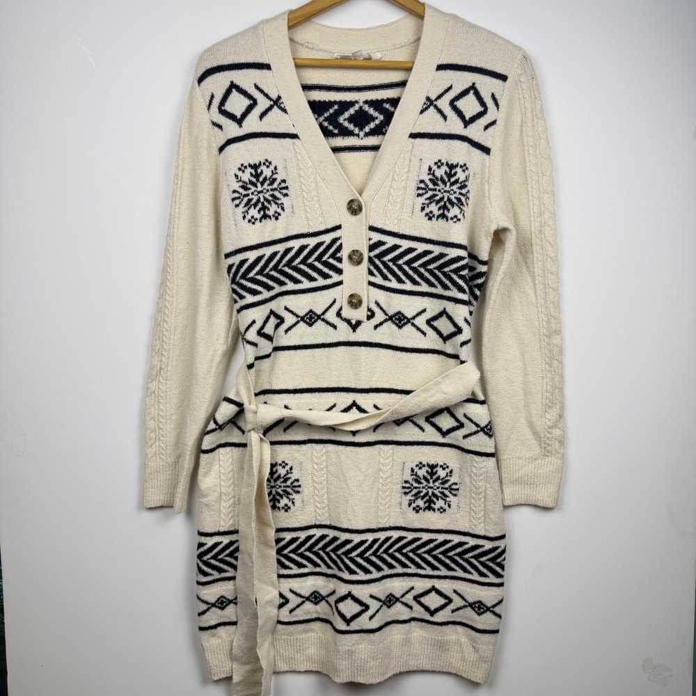 Lucky Brand Womens Fair Isle Knit Sweater Cardigan Dress Cream Black Large